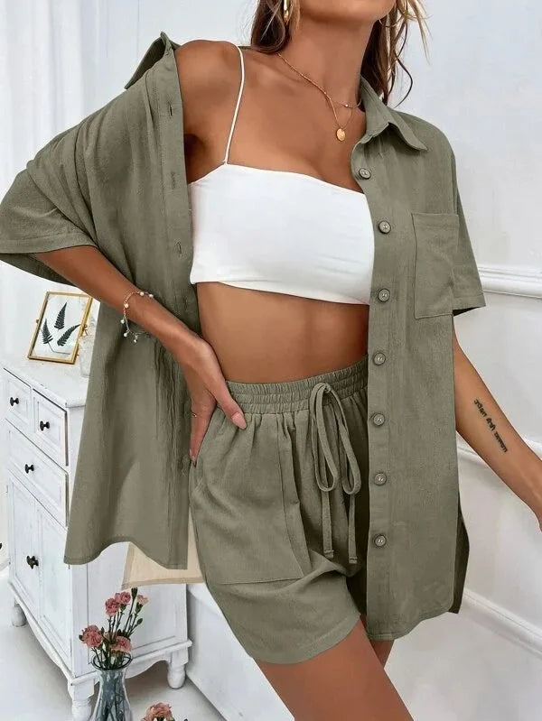 Conjunto Top Manga Larga con Botones y Short Wide Leg