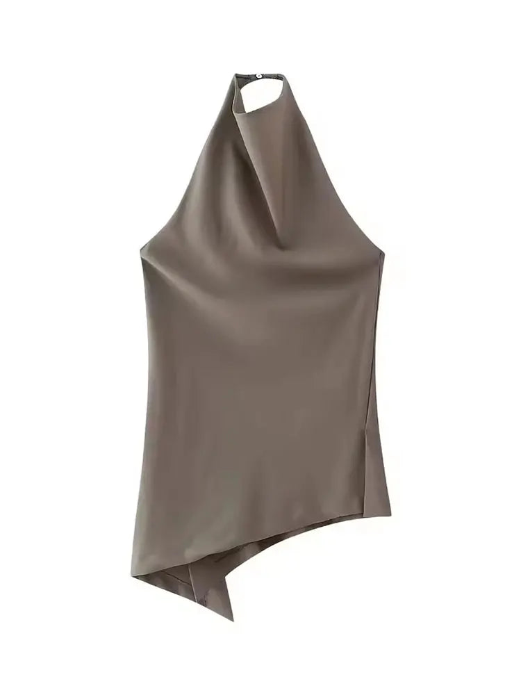 Conjunto Satinado Top Halter Asimétrico y Pantalón Wide Leg