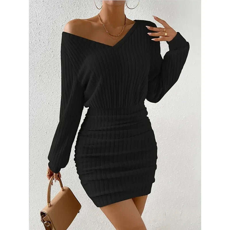 Mini Vestido Tejido Cruzado Escote V Manga Larga