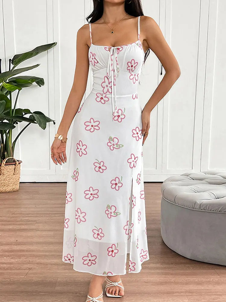 Vestido Largo Rosa Estampado con Tajo y Cordones