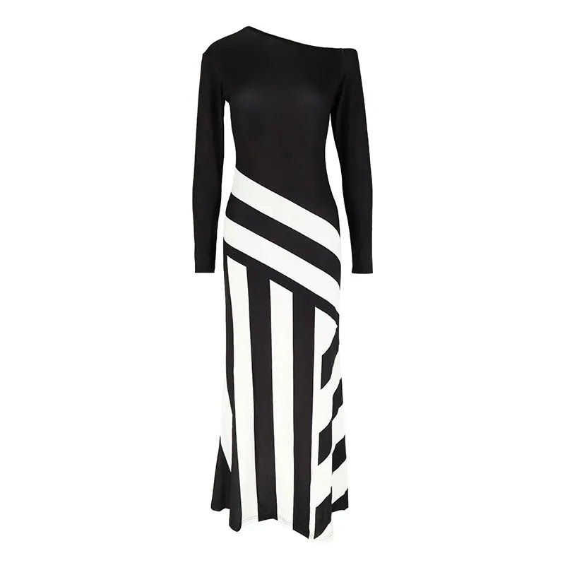 Vestido Largo Patchwork Blanco y Negro Slim