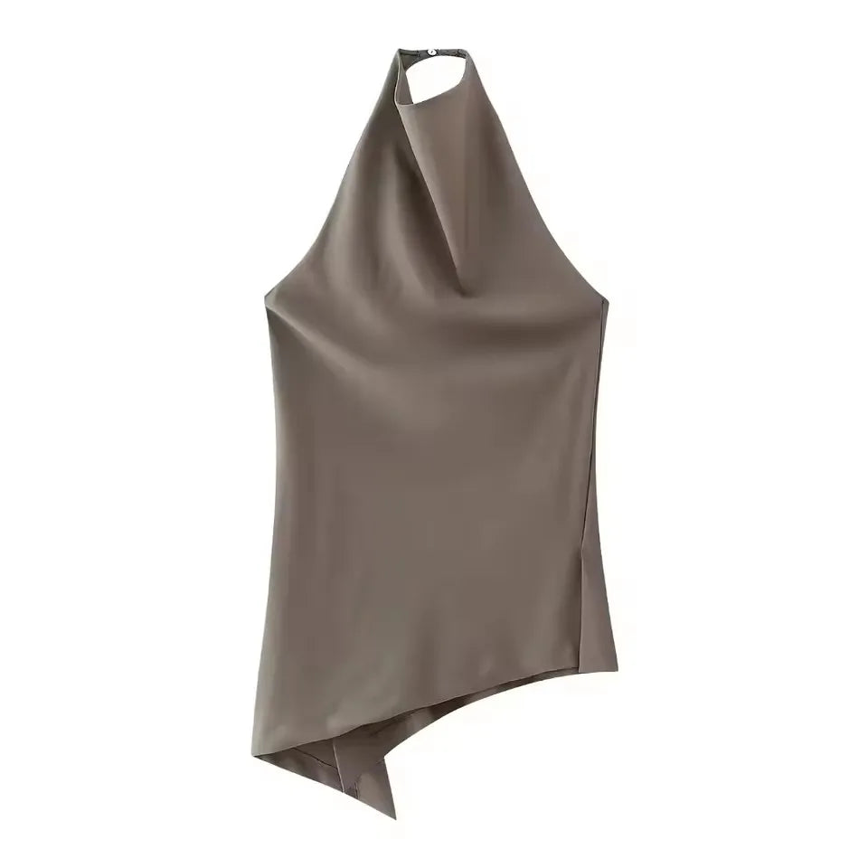 Conjunto Satinado Top Halter Asimétrico y Pantalón Wide Leg
