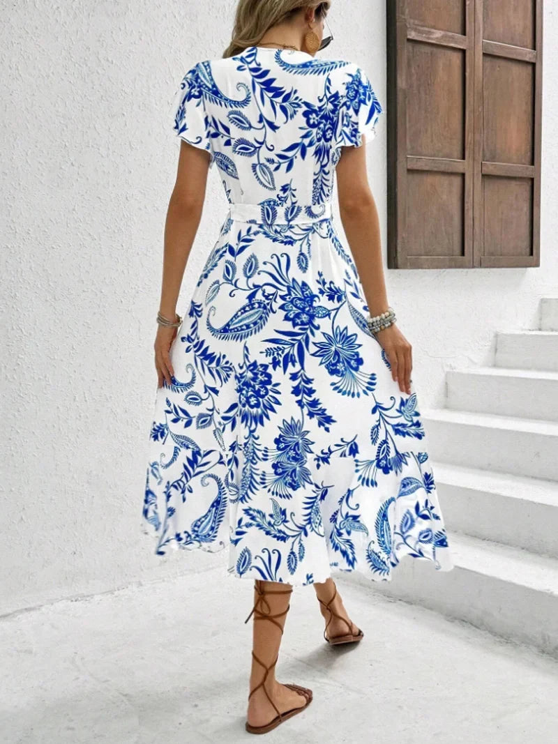 Vestido Midi Floral con Volados y Tajo