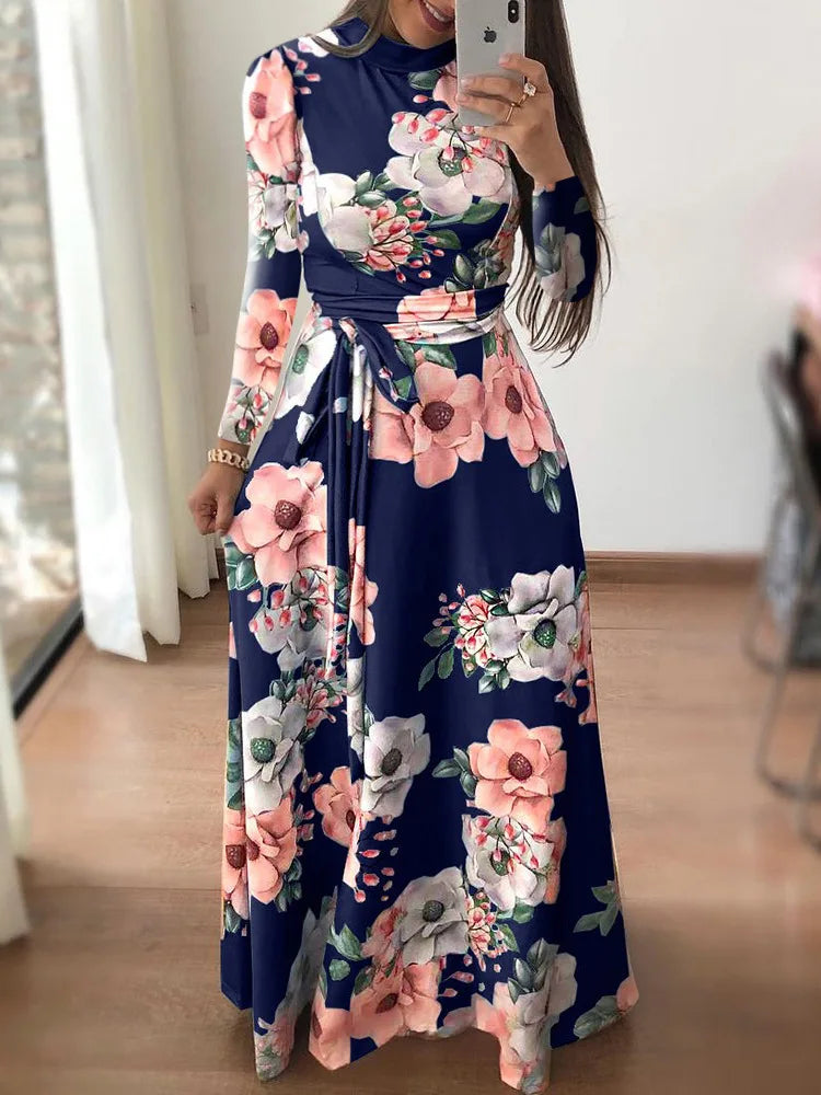 Vestido Largo con Estampado Floral y Manga Larga