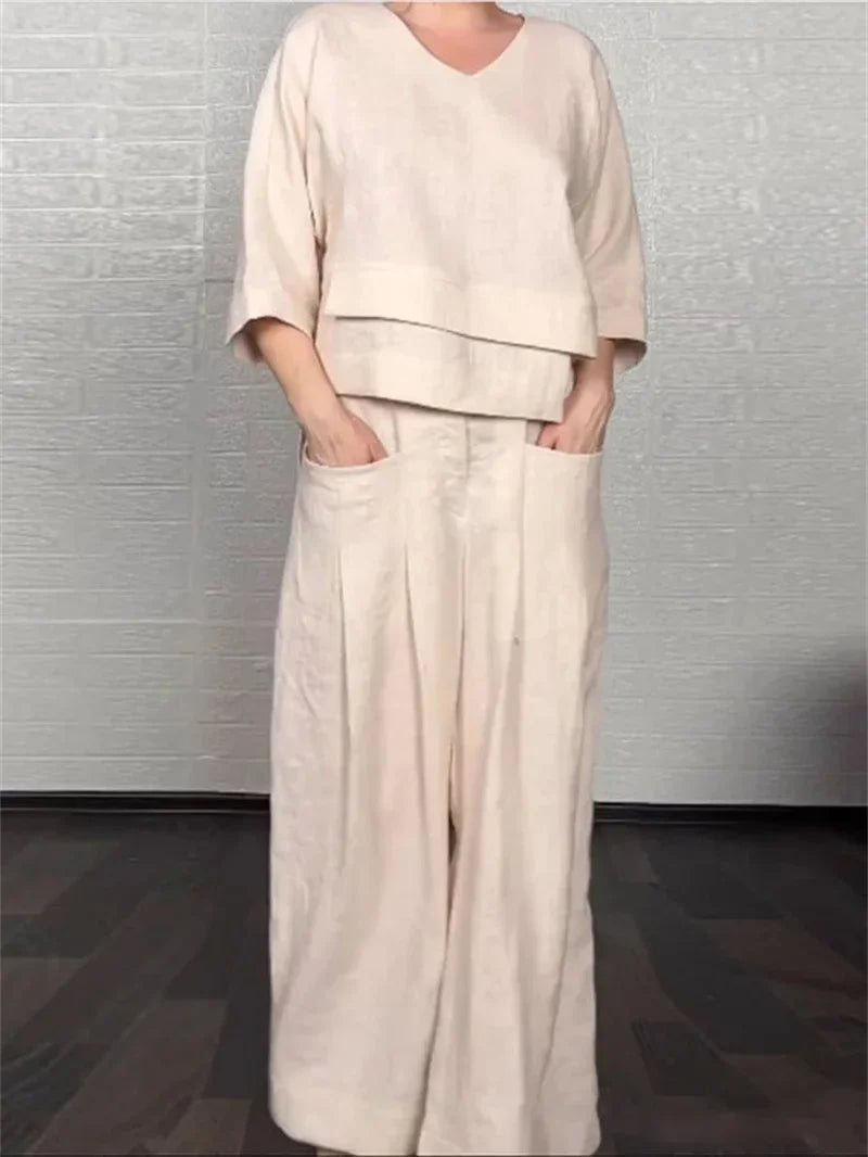 Conjunto de Lino Top Manga 3/4 y Pantalón Wide Leg