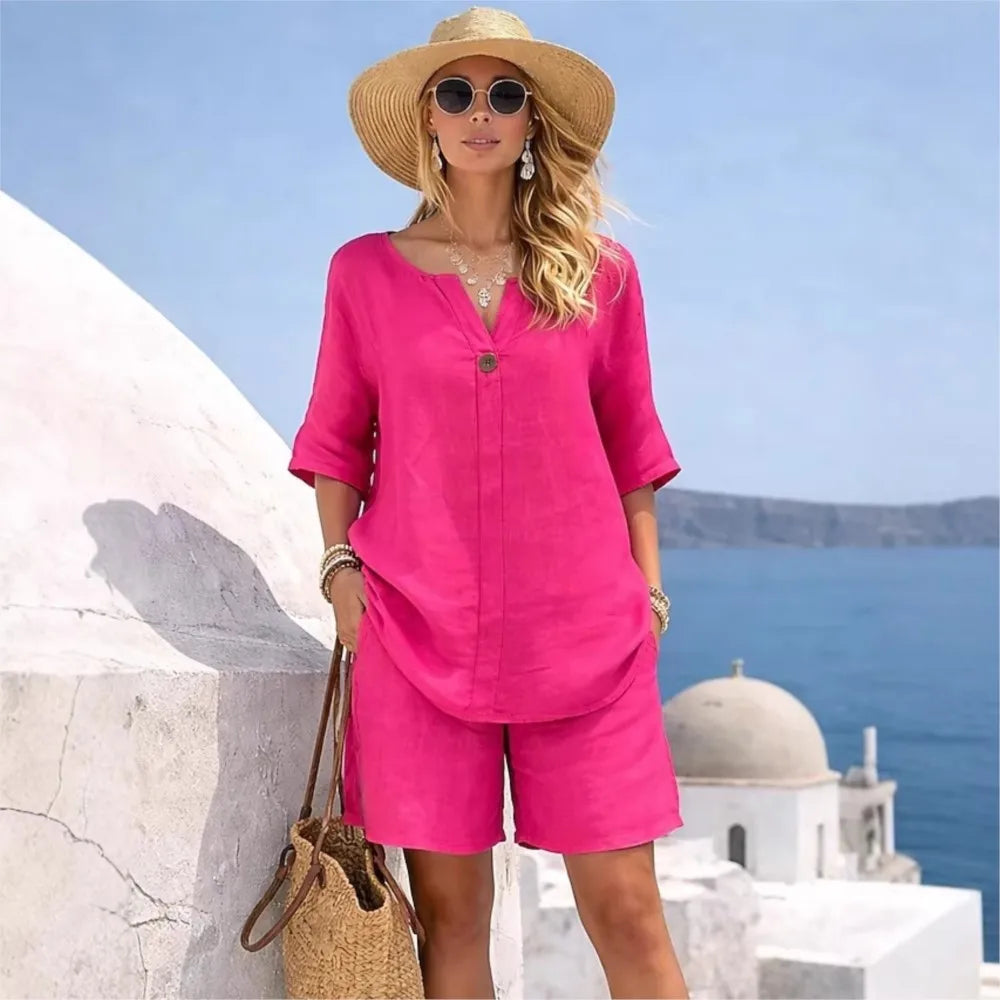 Conjunto de Lino Top Manga Corta y Pantalón Capri