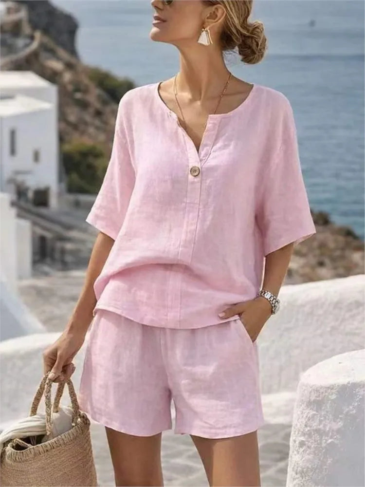 Conjunto de Lino Top Manga Corta y Pantalón Capri