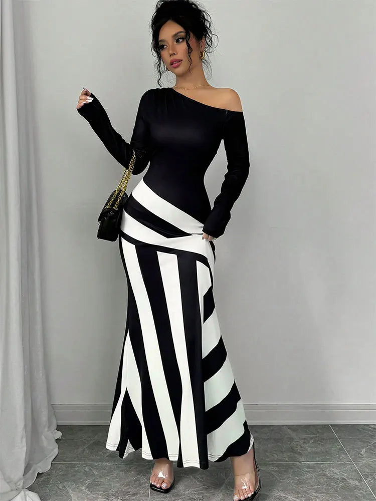 Vestido Largo Patchwork Blanco y Negro Slim