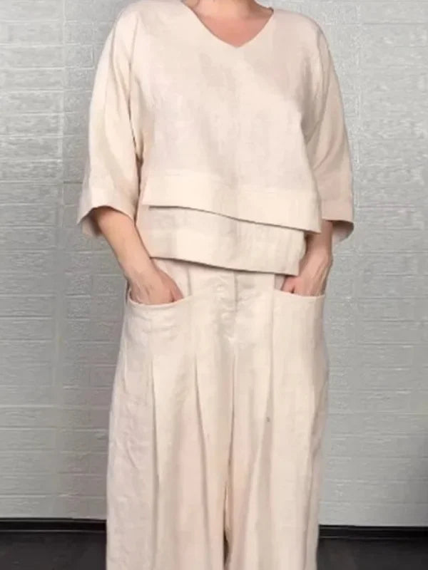 Conjunto Casual Asimétrico de Manga 3/4 y Pantalón Tiro Alto
