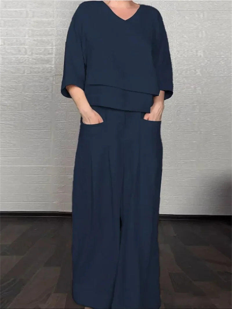 Conjunto de Lino Top Manga 3/4 y Pantalón Wide Leg