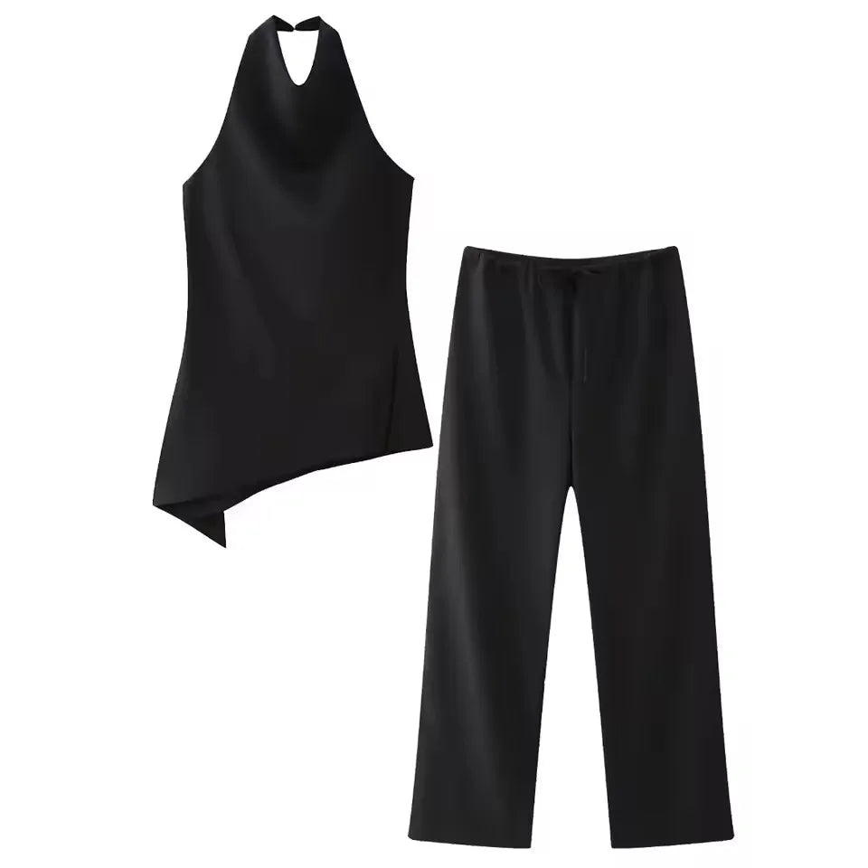 Conjunto Satinado Top Halter Asimétrico y Pantalón Wide Leg