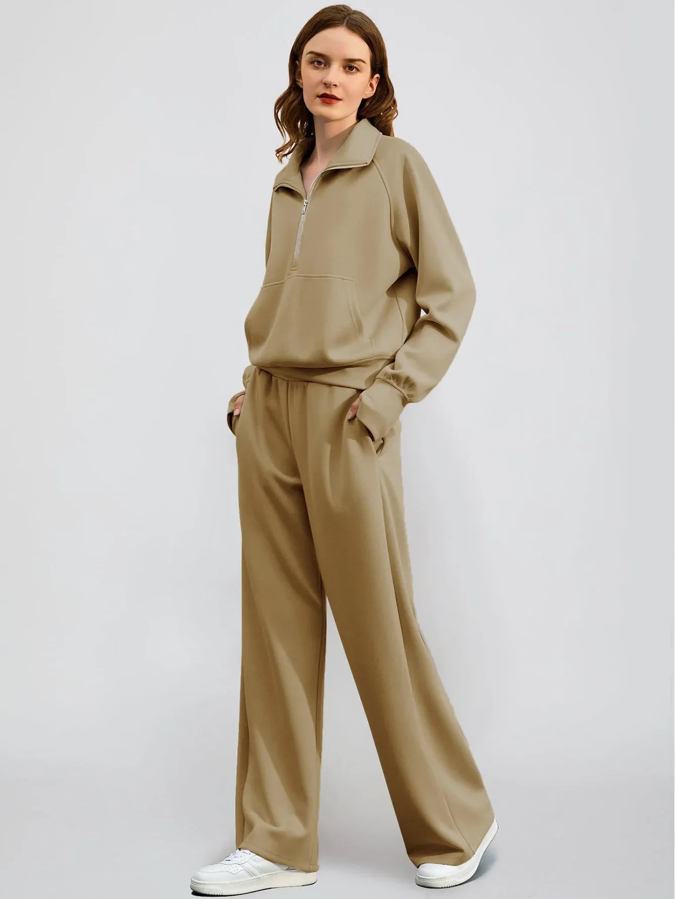 Conjunto Buzo Medio Cierre y Pantalón Wide Leg
