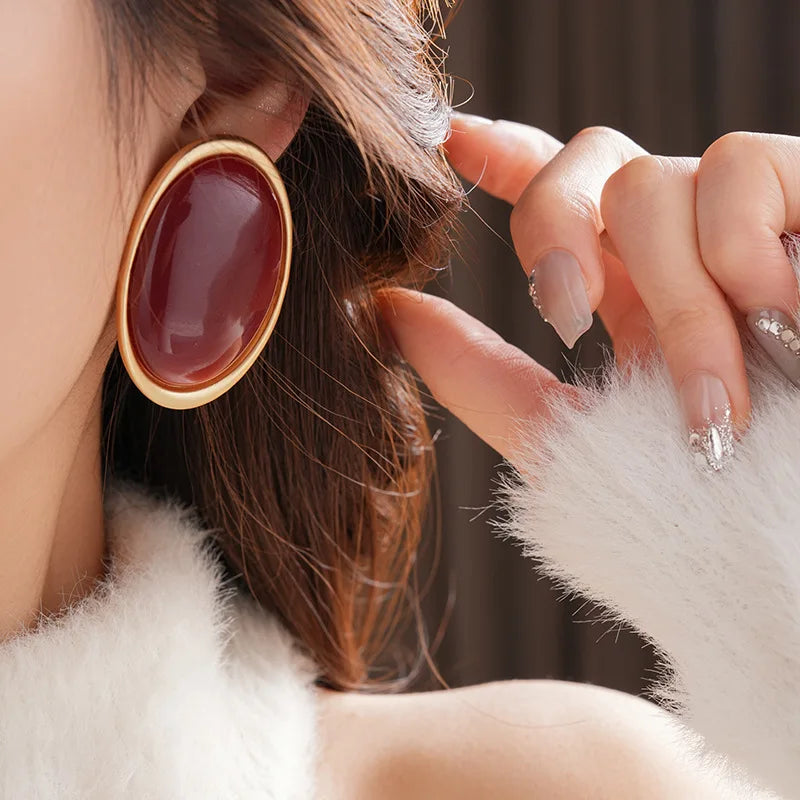Aros Vintage Resina Roja Forma Oval