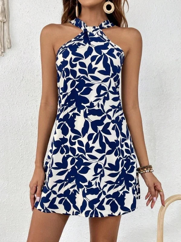 Vestido Halter con Estampa Tropical y Espalda Descubierta
