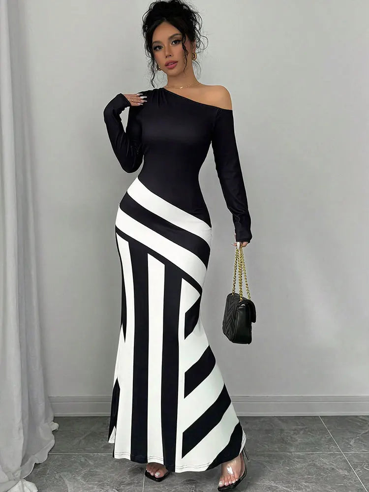 Vestido Largo Patchwork Blanco y Negro Slim
