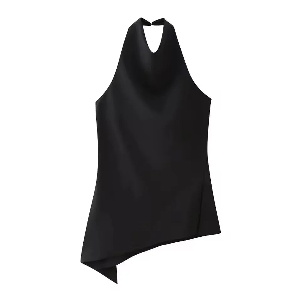 Conjunto Satinado Top Halter Asimétrico y Pantalón Wide Leg