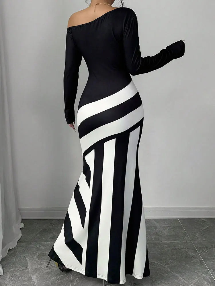 Vestido Largo Patchwork Blanco y Negro Slim