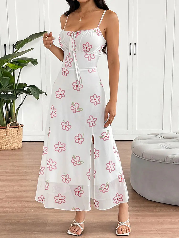 Vestido Largo Rosa Estampado con Tajo y Cordones