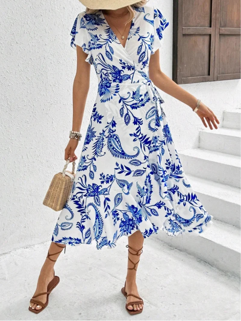 Vestido Midi Floral con Volados y Tajo