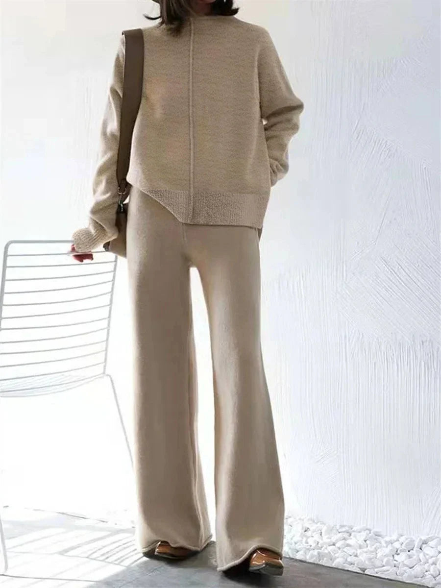 Conjunto Tejido Beige Oversized Medio Cierre y Wide Leg