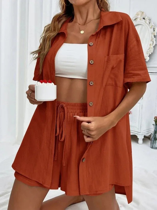 Conjunto Top Manga Larga con Botones y Short Wide Leg