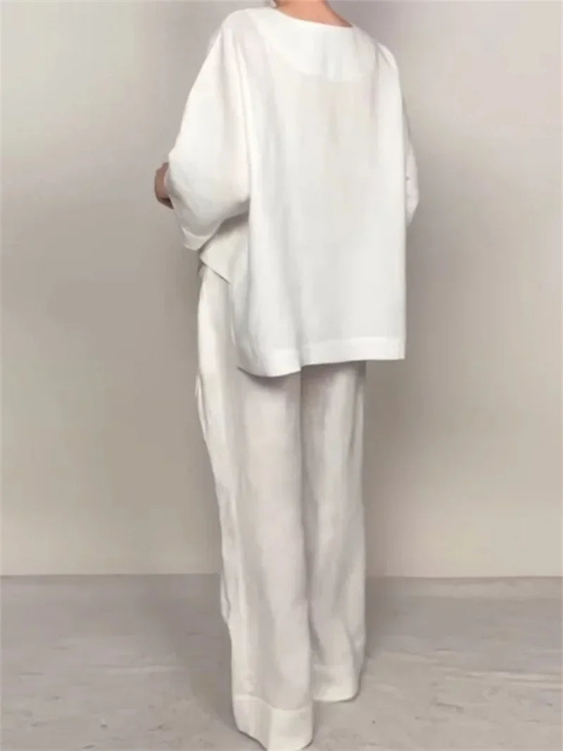 Conjunto de Lino Top Manga 3/4 y Pantalón Wide Leg