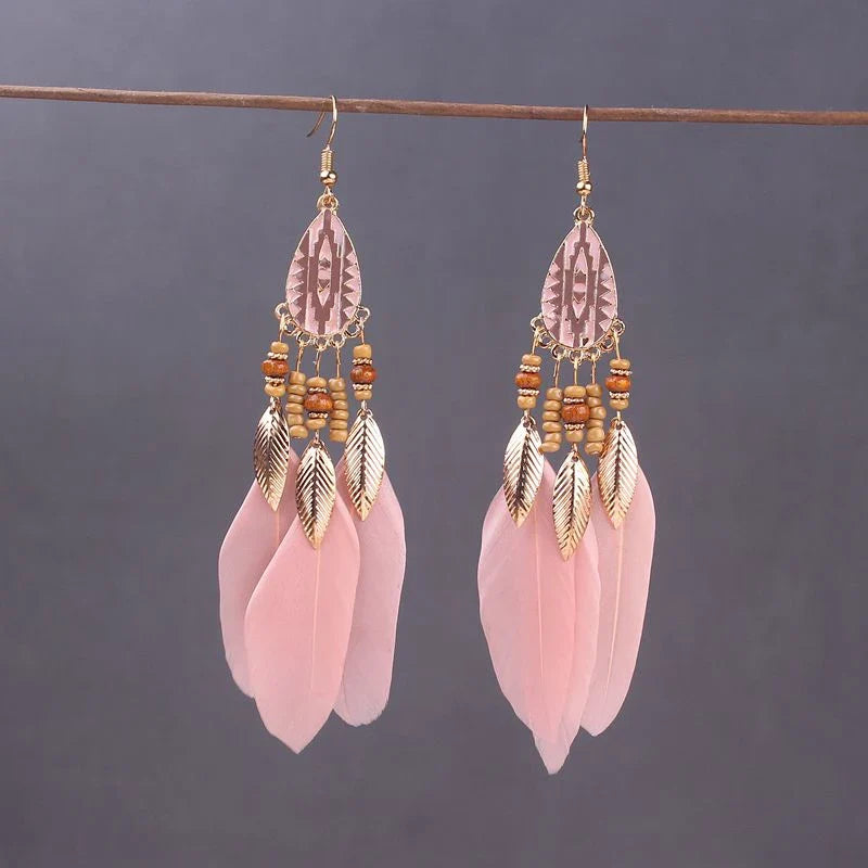 Aros Largos Boho con Pluma y Borlas