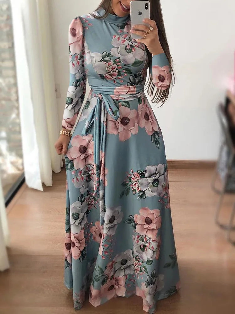 Vestido Largo con Estampado Floral y Manga Larga