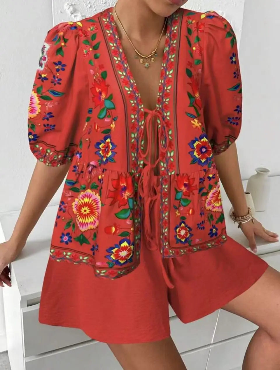 Conjunto Top Estampado con Cordones y Short