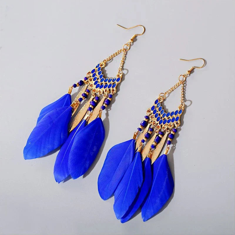 Aros Largos Boho con Pluma y Borlas