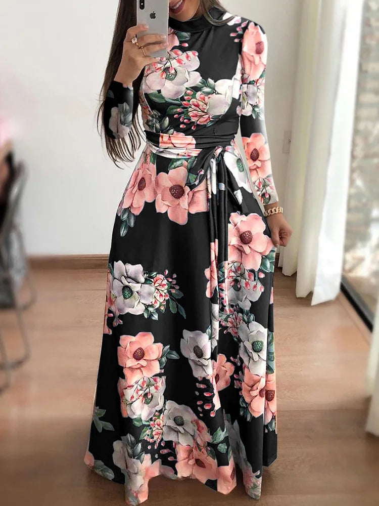 Vestido Largo con Estampado Floral y Manga Larga
