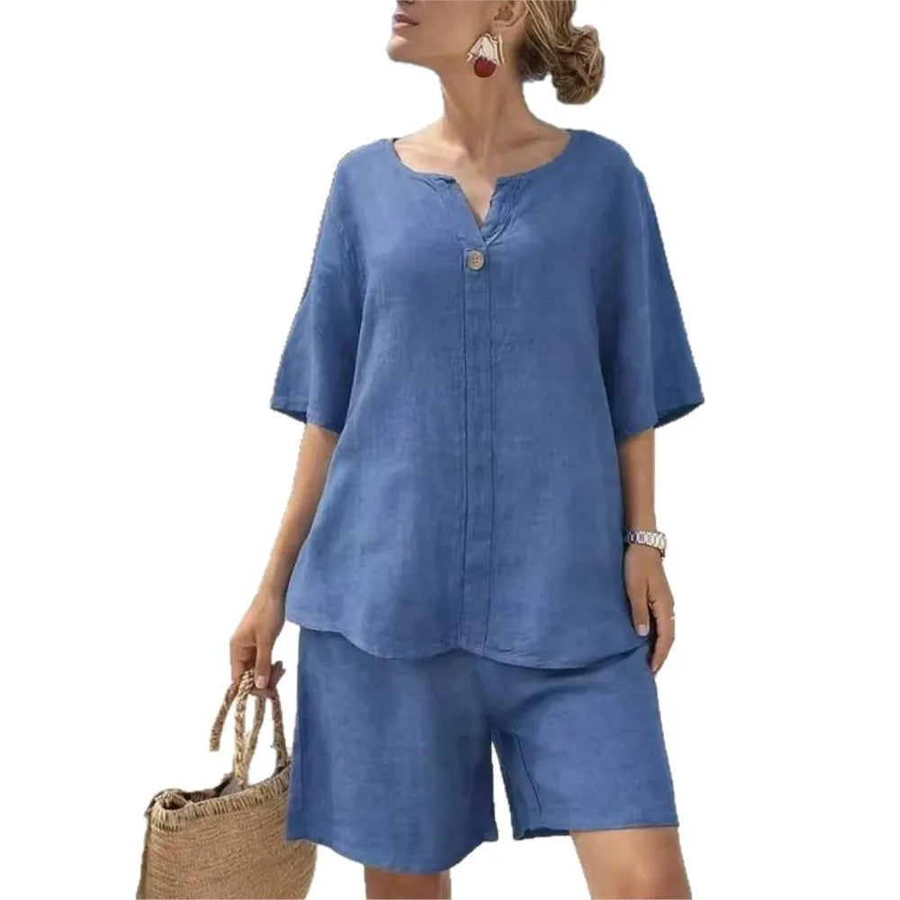 Conjunto de Lino Top Manga Corta y Pantalón Capri