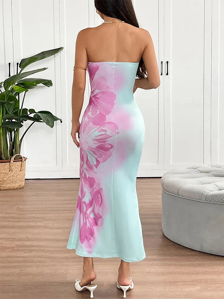Vestido Largo Estampado Slim con Espalda Descubierta