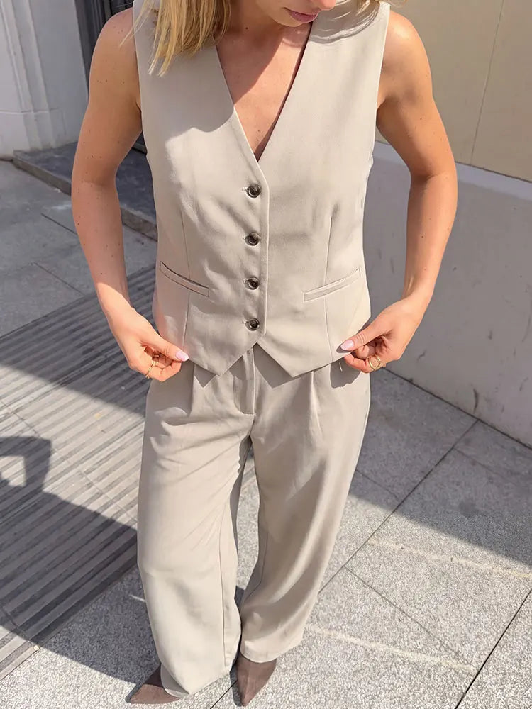 Conjunto Chaleco con Botones y Pantalón Wide Leg de Vestir