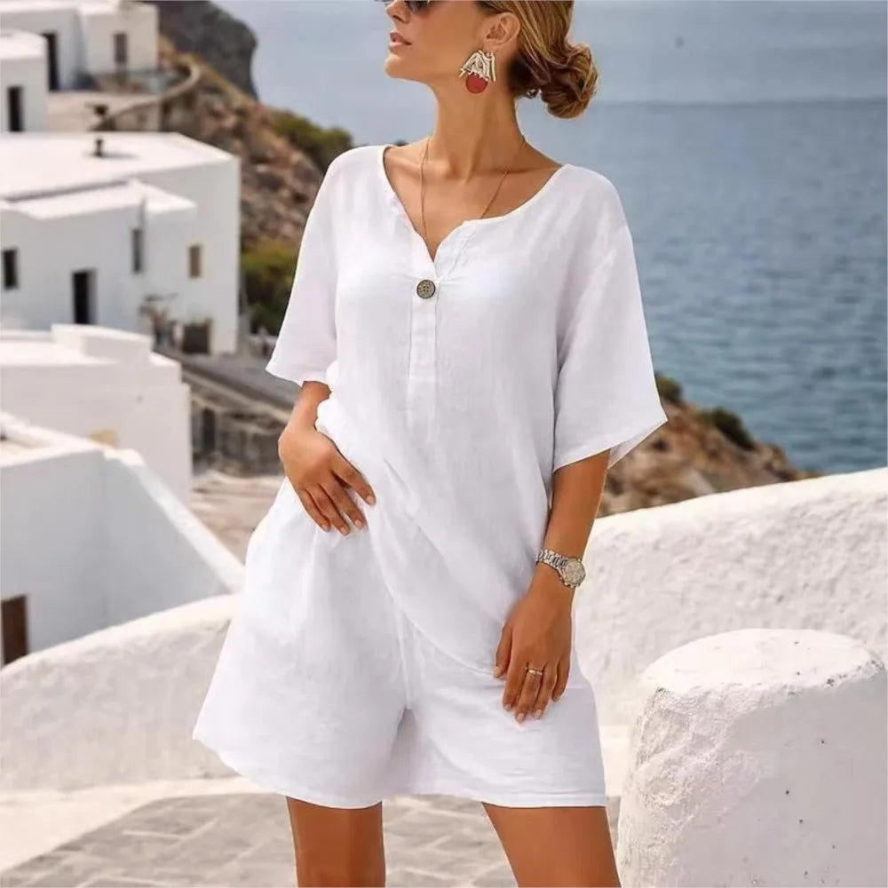 Conjunto de Lino Top Manga Corta y Pantalón Capri