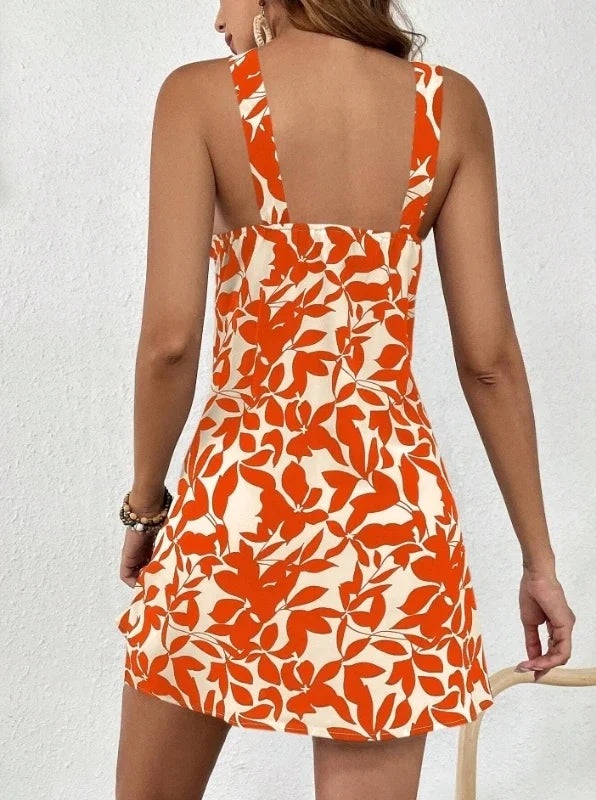 Vestido Halter con Estampa Tropical y Espalda Descubierta