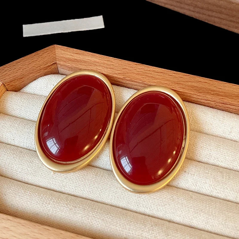 Aros Vintage Resina Roja Forma Oval