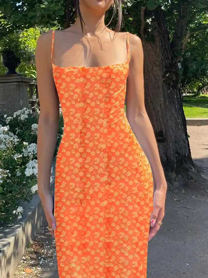 Vestido Largo Floral Y2K Bodycon Escote V