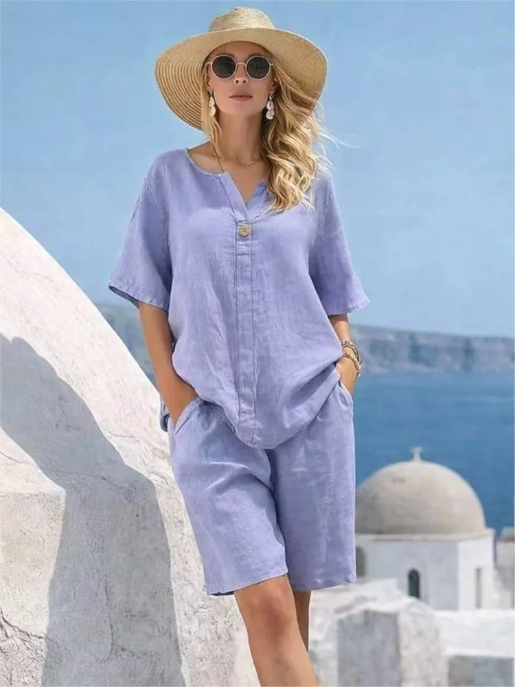 Conjunto de Lino Top Manga Corta y Pantalón Capri