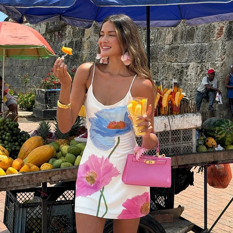Mini Vestido Blanco Estampado con Tiritas y Espalda Abierta