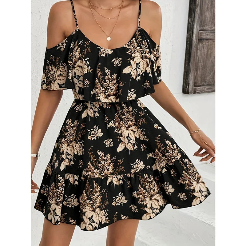 Mini Vestido Halter Estampado con Cintura Plisada