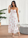 Vestido Largo Rosa Estampado con Tajo y Cordones