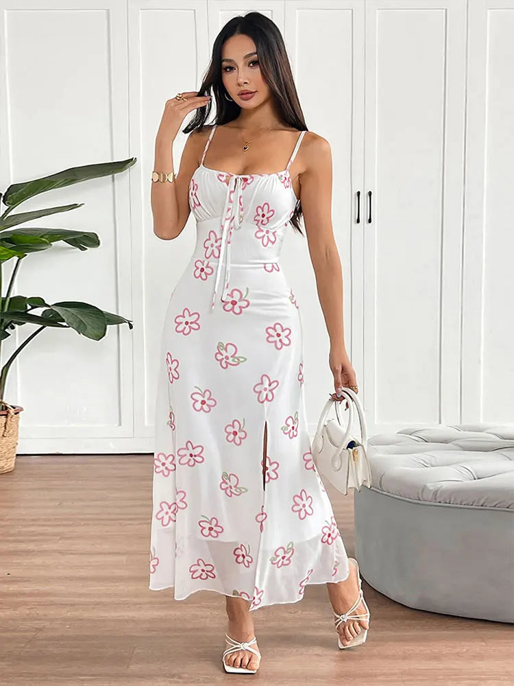 Vestido Largo Rosa Estampado con Tajo y Cordones
