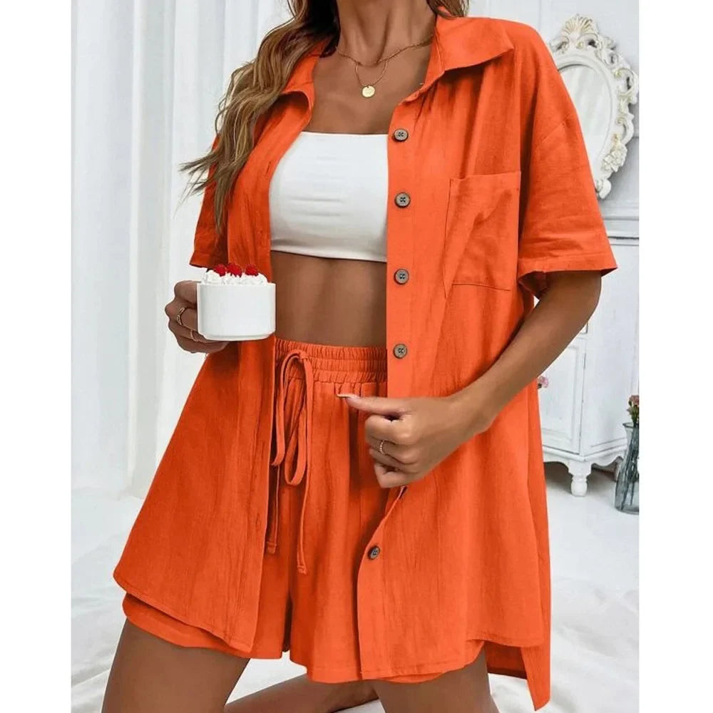Conjunto Top Manga Larga con Botones y Short Wide Leg