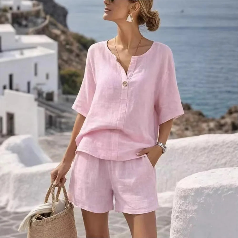 Conjunto de Lino Top Manga Corta y Pantalón Capri