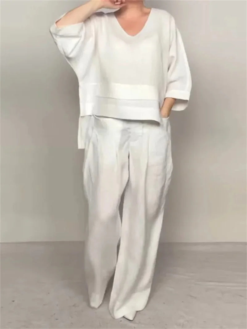 Conjunto de Lino Top Manga 3/4 y Pantalón Wide Leg