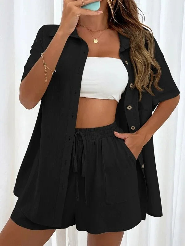 Conjunto Top Manga Larga con Botones y Short Wide Leg