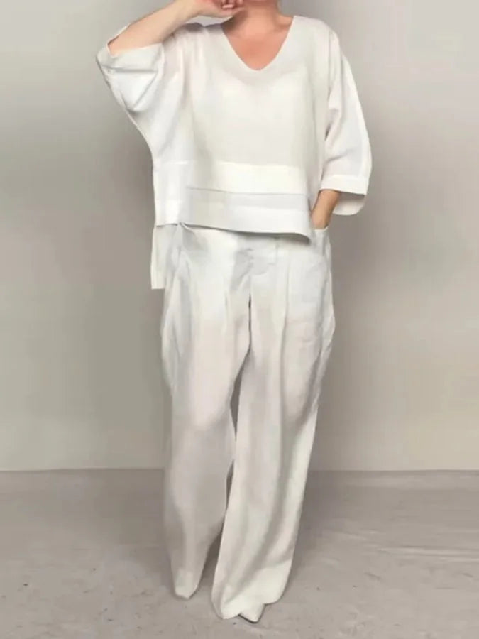 Conjunto Casual Asimétrico de Manga 3/4 y Pantalón Tiro Alto