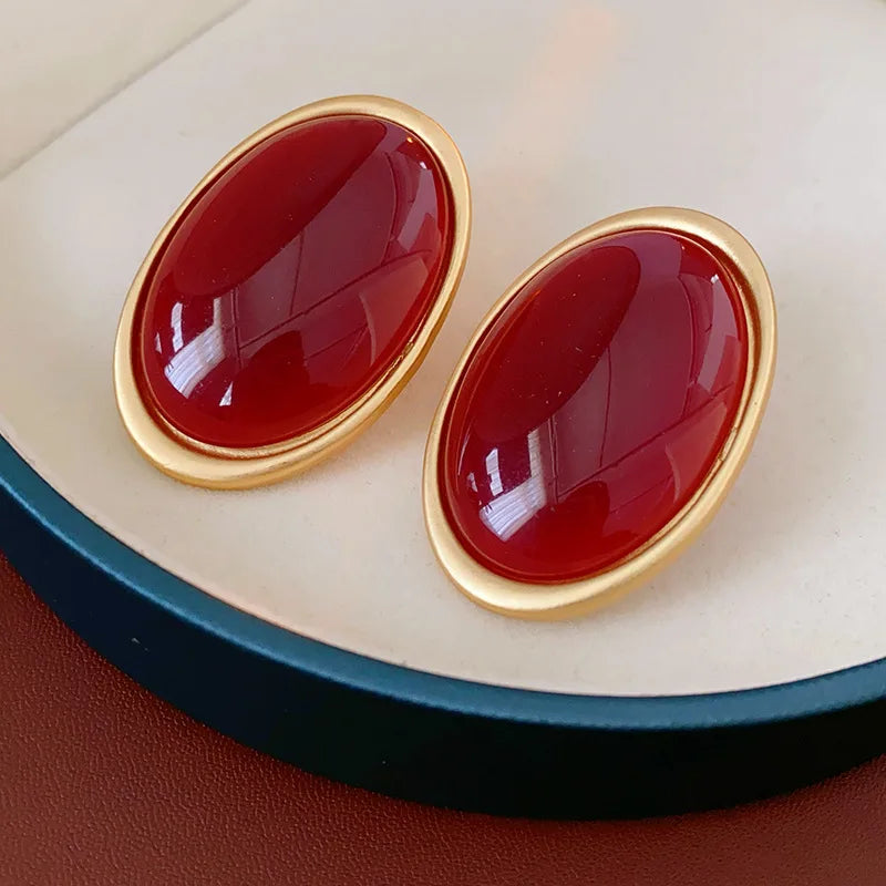 Aros Vintage Resina Roja Forma Oval