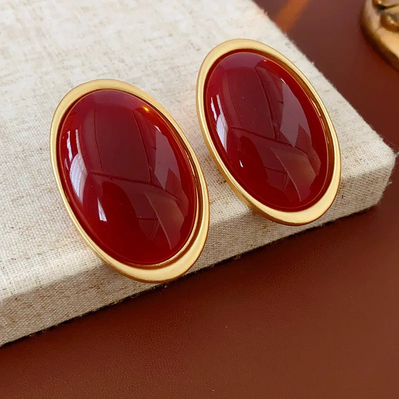 Aros Vintage Resina Roja Forma Oval